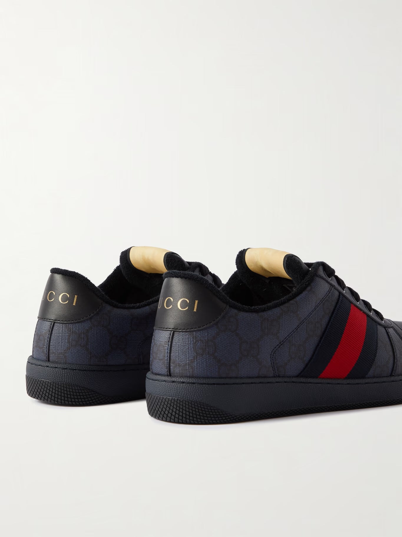 GUCCI Screener Leather and Webbing-Trimmed Monogrammed Canvas Sneakers mens Black