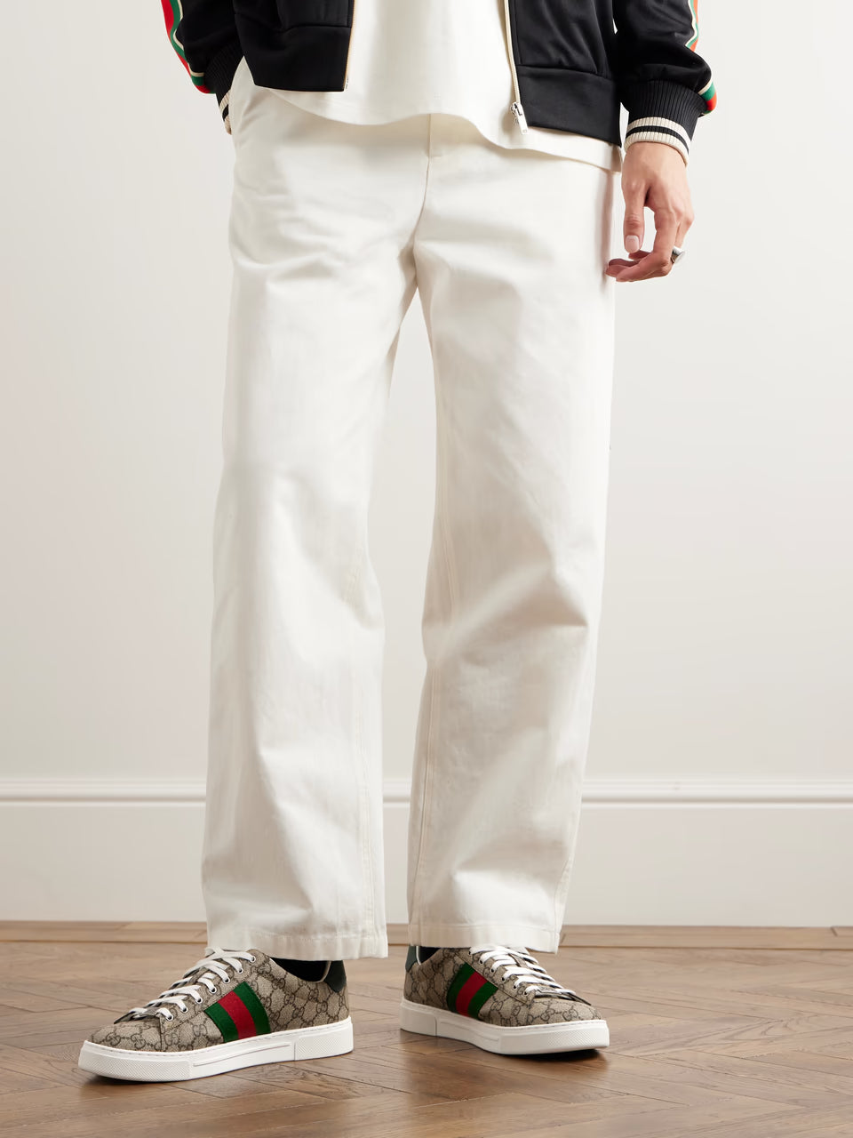 GUCCI Ace sneakers in canvas with logo pattern, leather trim and woven ribbon