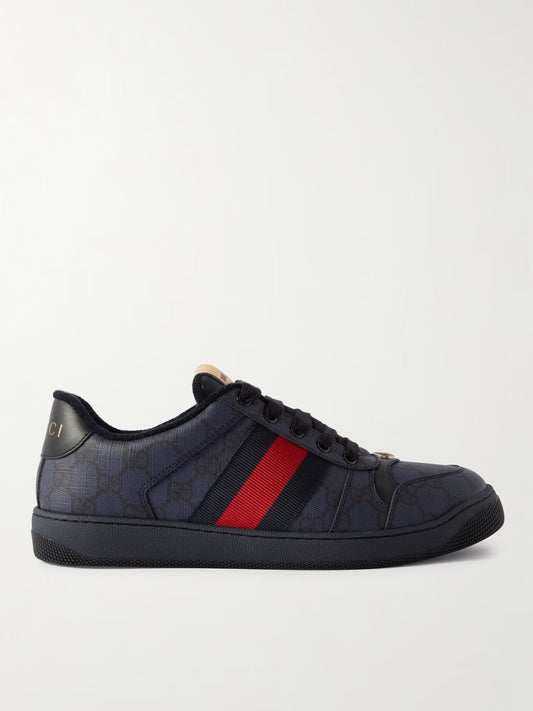 GUCCI Screener Leather and Webbing-Trimmed Monogrammed Canvas Sneakers mens Black