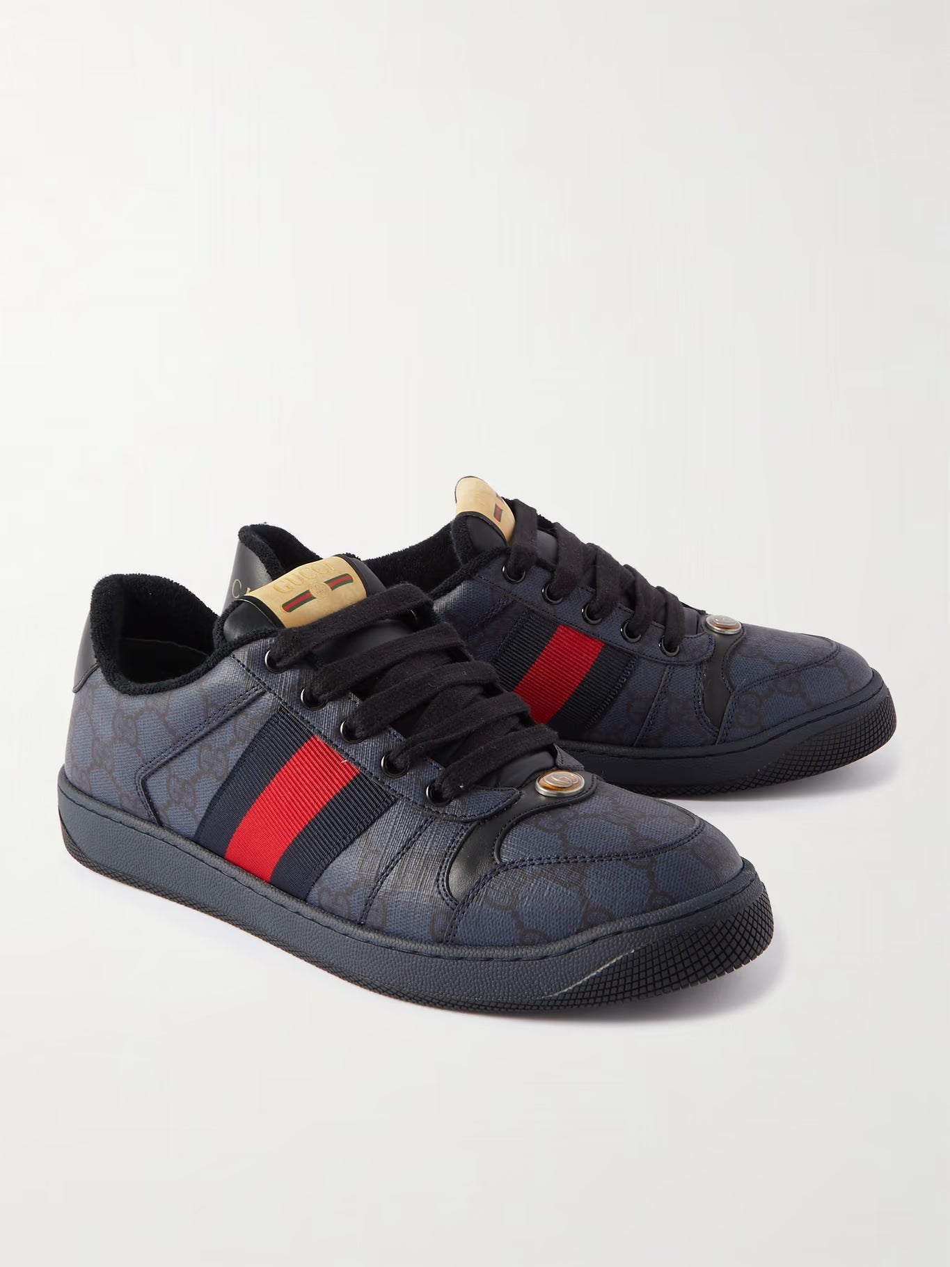 GUCCI Screener Leather and Webbing-Trimmed Monogrammed Canvas Sneakers mens Black