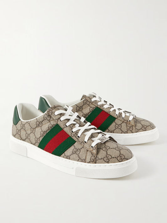 GUCCI Ace sneakers in canvas with logo pattern, leather trim and woven ribbon