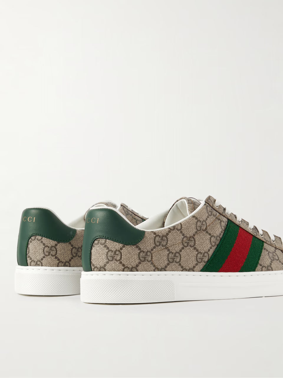 GUCCI Ace sneakers in canvas with logo pattern, leather trim and woven ribbon
